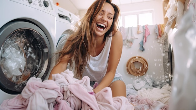 Mujer joven feliz clasificando ropa cerca de la lavadora en la sala de lavandería