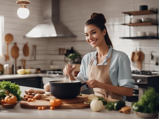Mujer joven feliz cocinando sopa y sonriendo generada por IA