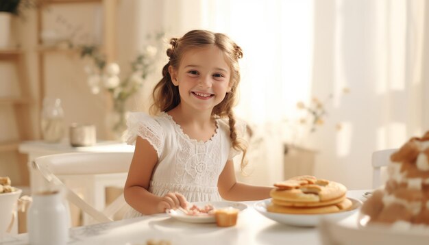 Mujer joven feliz disfrutando de una comida en un entorno de cocina desfocalizado y brillante con espacio para copiar