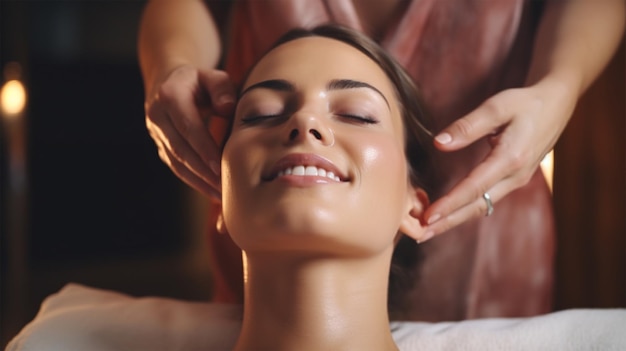 Mujer joven feliz disfrutando de un masaje de cabeza en el spa