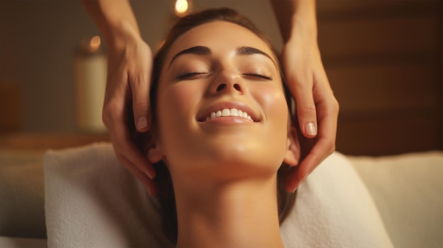 Mujer joven feliz disfrutando de un masaje de cabeza en el spa