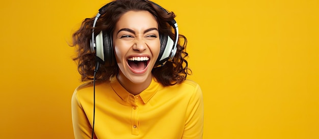 Mujer joven feliz disfrutando de videojuegos sobre fondo amarillo con espacio para texto