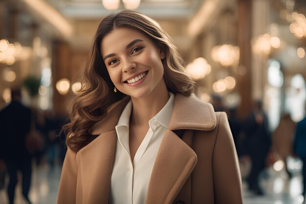 Mujer joven feliz con un elegante abrigo de ropa a la venta en el centro comercial