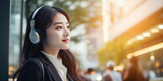 Mujer joven feliz escuchando música en auriculares en la ciudad