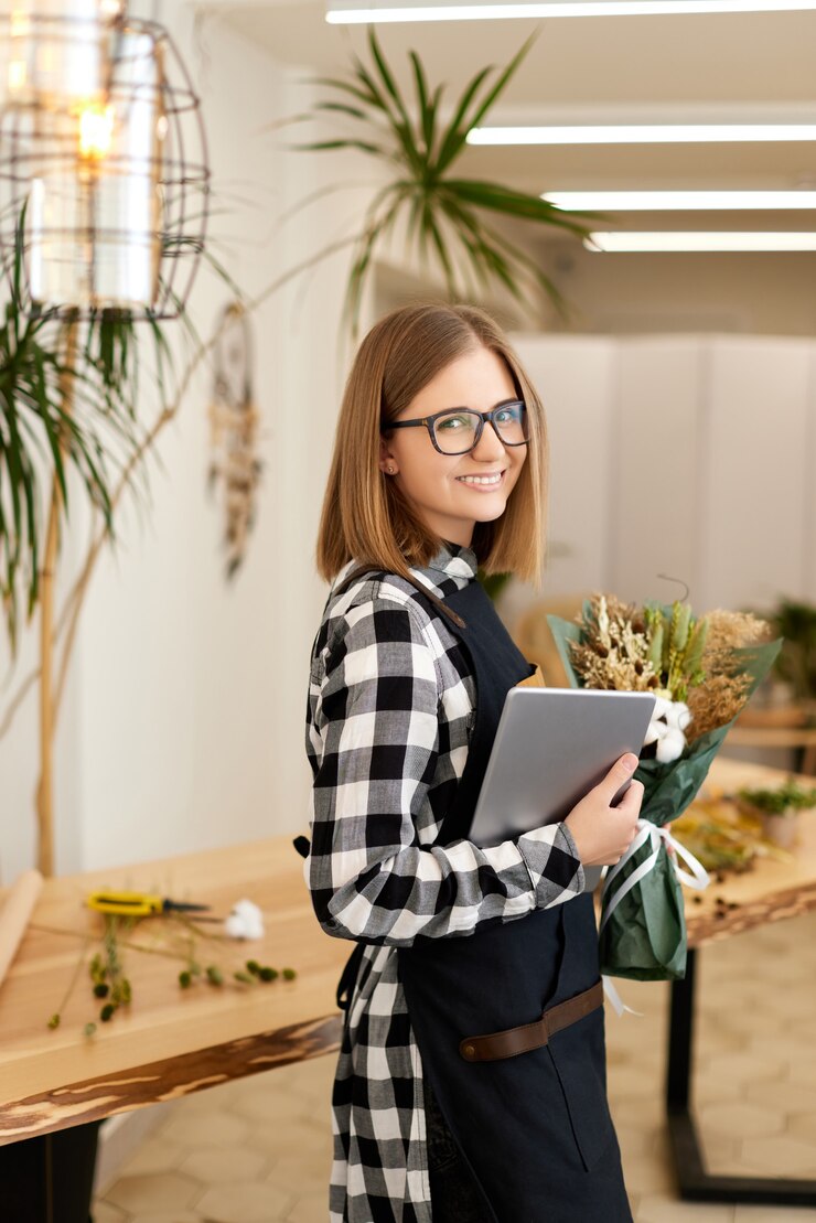 Mujer joven feliz floristería que trabaja en la tienda de flores con tableta