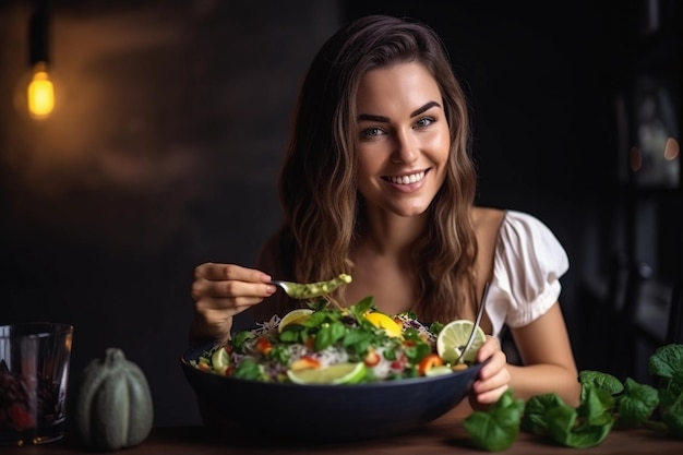 Una mujer joven y feliz muy detallada comiendo ensalada saludable sentada en la mesa con ingredientes verdes frescos en el interior