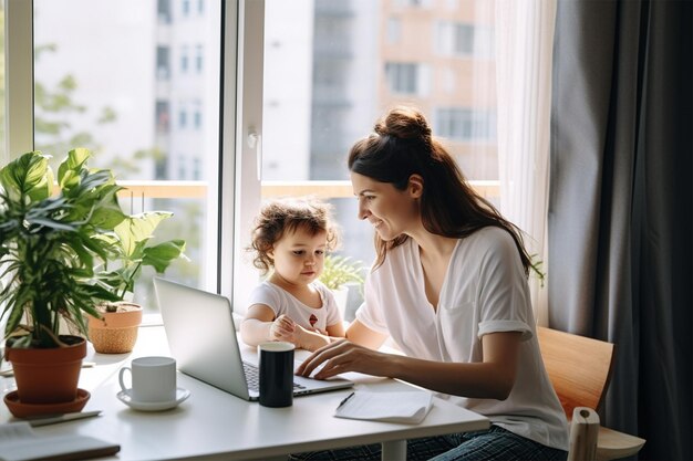 Mujer joven feliz con una niña pequeña sentada en la mesa con una computadora portátil