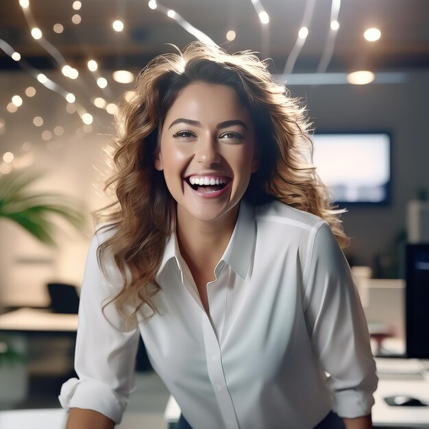 Foto mujer joven feliz en la oficina por la noche mujer joven felice en la oficina por la noche