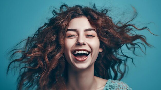 Mujer joven feliz con el pelo largo y rizado y los ojos cerrados sobre fondo azul.