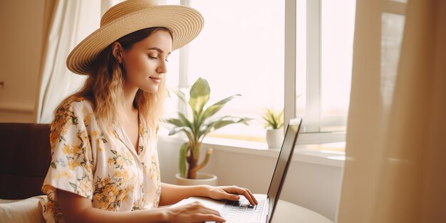 Mujer joven feliz planeando un viaje de vacaciones con una computadora portátil leyendo un blog de viajes en línea