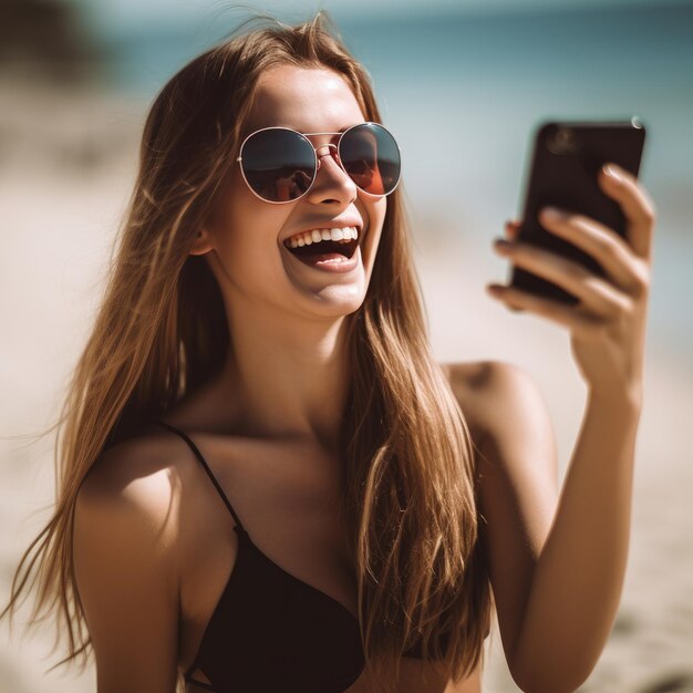 Mujer joven feliz en la playa con teléfono inteligente