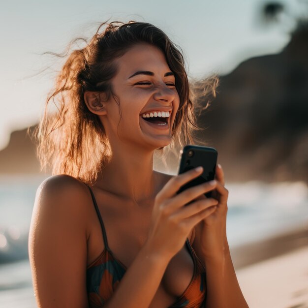 Mujer joven feliz en la playa con teléfono inteligente