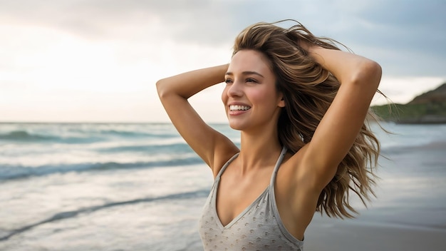 Mujer joven y feliz en la playa