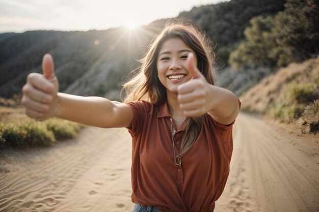 Foto mujer joven feliz con los pulgares hacia arriba