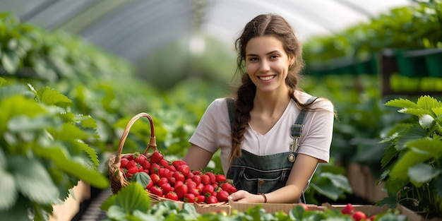 Mujer joven feliz recoge fresas frescas en un invernadero estilo de vida saludable agricultura pasatiempo sonrientes naturalezas recompensa IA