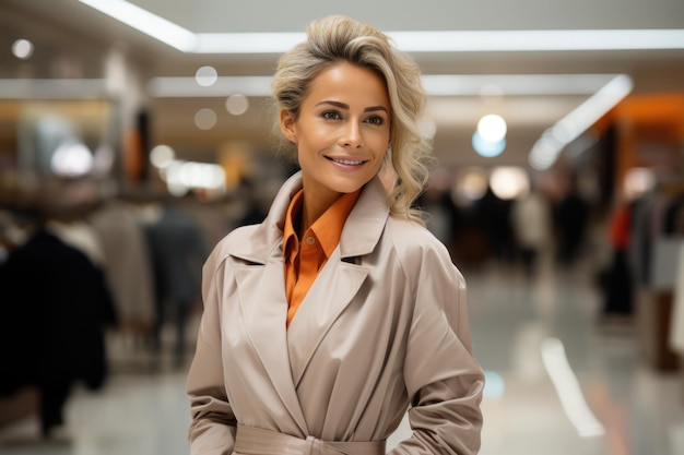 Mujer joven feliz con ropa elegante y de moda abrigo generativo ai