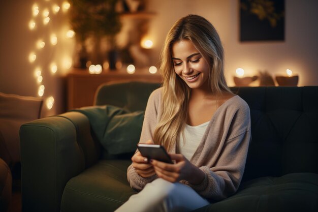 Mujer joven feliz sentada con el teléfono