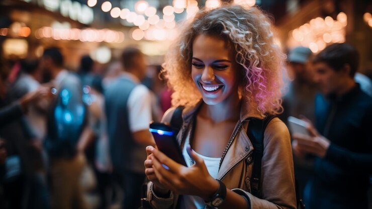 Mujer joven feliz, sonriente y relajada con un teléfono inteligente usando aplicaciones de tecnología digital de teléfonos móviles