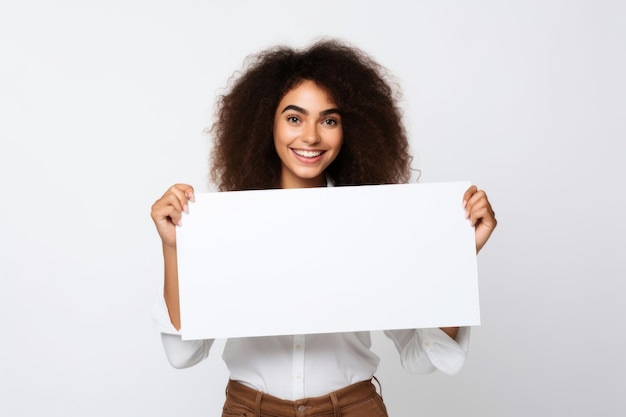 Mujer joven feliz sosteniendo un cartel blanco en blanco retrato de estudio aislado