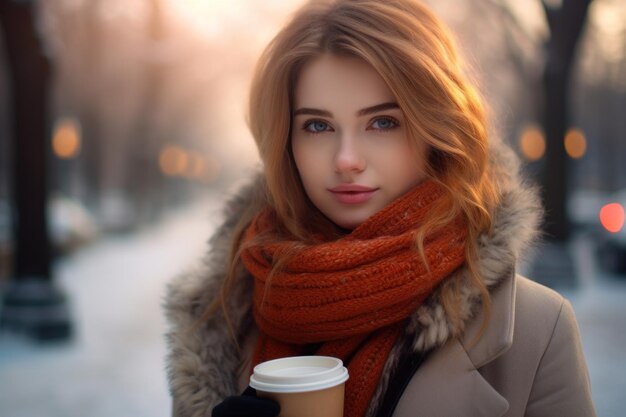 Mujer joven feliz sosteniendo una taza de café en una calle de la ciudad AI generativo