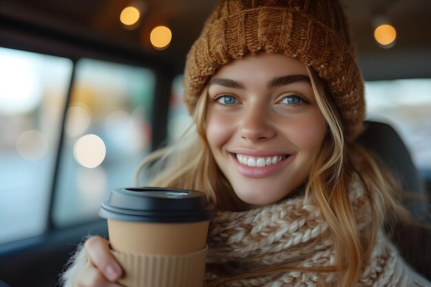 Foto mujer joven feliz sosteniendo una taza de café para ir a conducir su coche mujer alegre conduciendo un coche