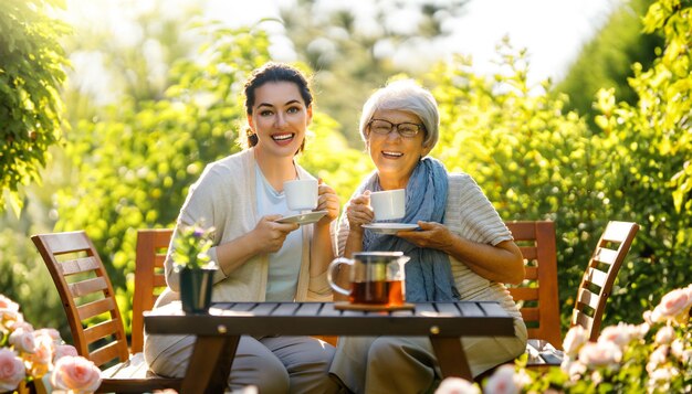 Mujer joven feliz y su madre bebiendo té en una mañana de verano Familia sentada en el jardín