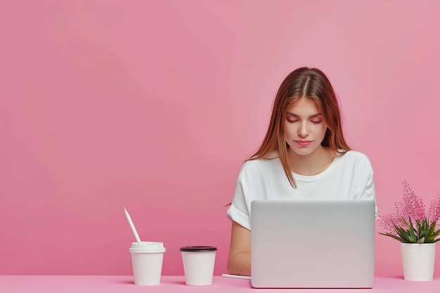 Foto mujer joven feliz tomando notas en su portátil mientras está sentada en su escritorio banner sin ningún espacio de copia ia generativa