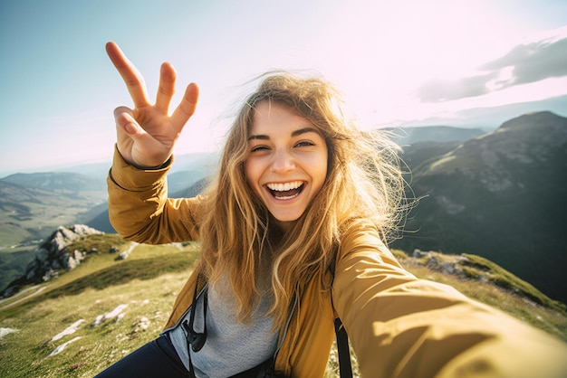 Mujer joven feliz tomando selfie en la cima de la montaña