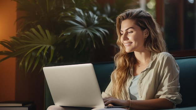 Mujer joven feliz trabajando en la computadora portátil en el condominio moderno cómodo