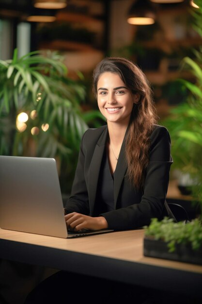 Mujer joven feliz con traje negro usa su computadora portátil al final de la jornada laboral