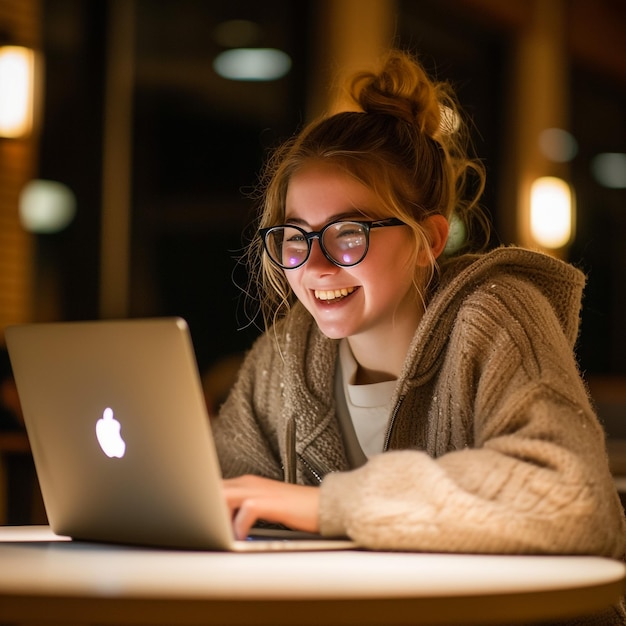 Mujer joven feliz usando una computadora portátil sentada en el escritorio escribiendo notas mientras ve un seminario web estudiando en línea mirando la pantalla de la computadora aprendiendo clases web o teniendo reuniones de llamada virtual trabajando remotamente desde casa