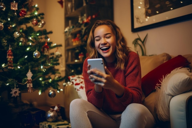 Mujer joven feliz usando teléfono móvil en casa en la víspera de Navidad