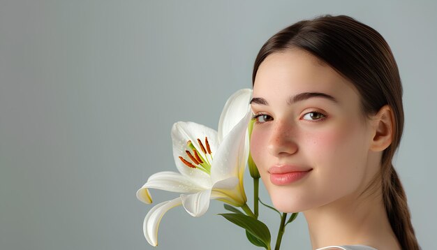 Foto mujer joven con flor de lirio en fondo gris con espacio para el texto concepto de ginecología