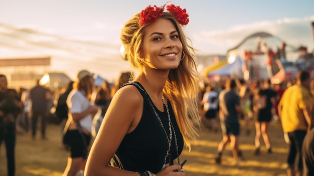 Mujer joven con flores en el pelo en el festival de música