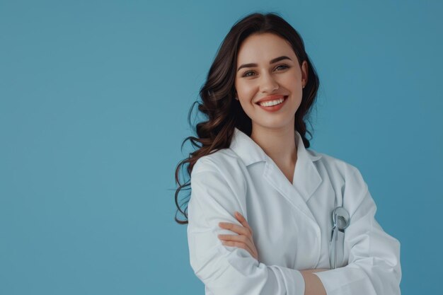 mujer joven en fondo azul IA generativa