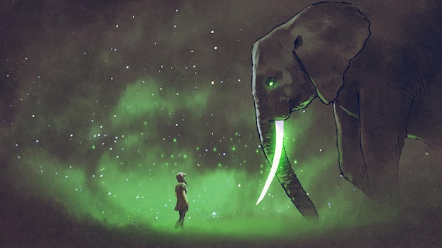 Mujer joven frente al elefante gigante con colmillos verdes brillantes, estilo de arte digital, pintura de ilustración