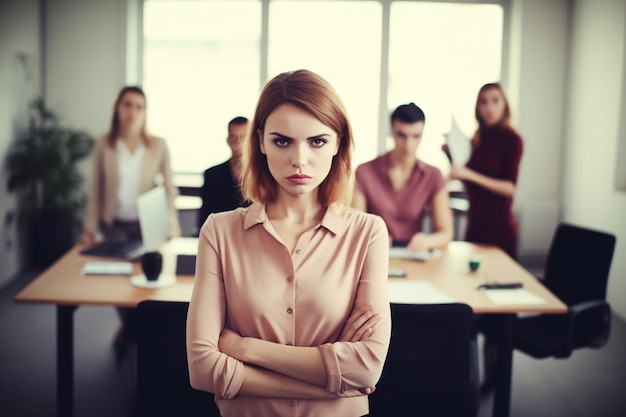 Una mujer joven se para frente a su equipo en una sala de conferencias.