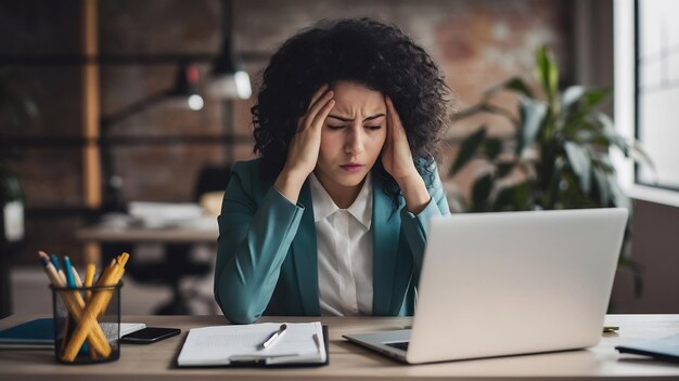 Foto mujer joven frustrada trabajando en un escritorio frente a una computadora portátil que sufre de cefalea diaria crónica