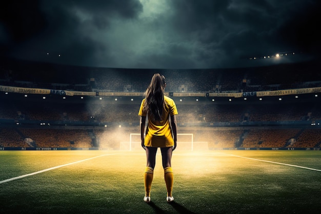 Mujer joven futbolista en el estadio