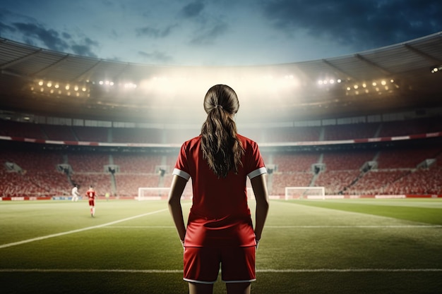 Mujer joven futbolista en el estadio