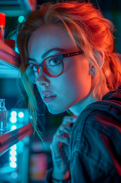 Mujer joven con gafas en un ambiente de laboratorio iluminado con neón mirando pensativo a la cámara
