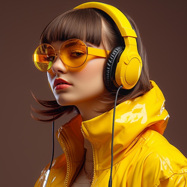 Mujer joven en gafas cyberpunk con auriculares