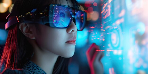 Foto mujer joven con gafas digitales futuristas