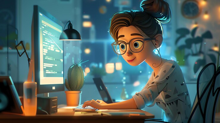 Foto una mujer joven con gafas está sentada en su escritorio trabajando en su computadora tiene una sonrisa en su cara y está escribiendo en su teclado