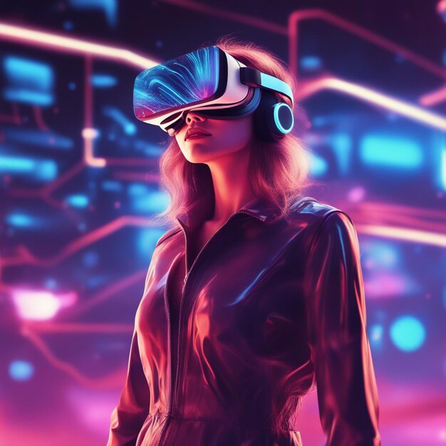 Foto mujer joven con gafas futuristas y vr aislada sobre fondo borroso de neón