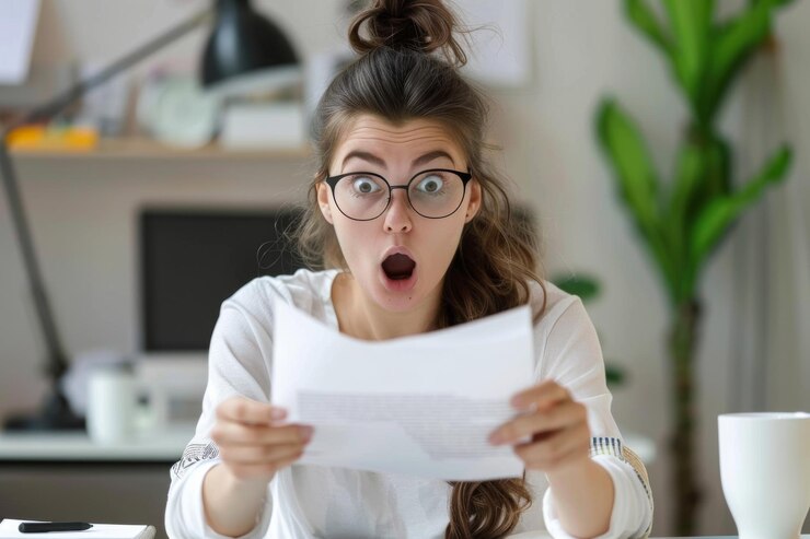 Mujer joven con gafas leyendo un periódico en una oficina moderna