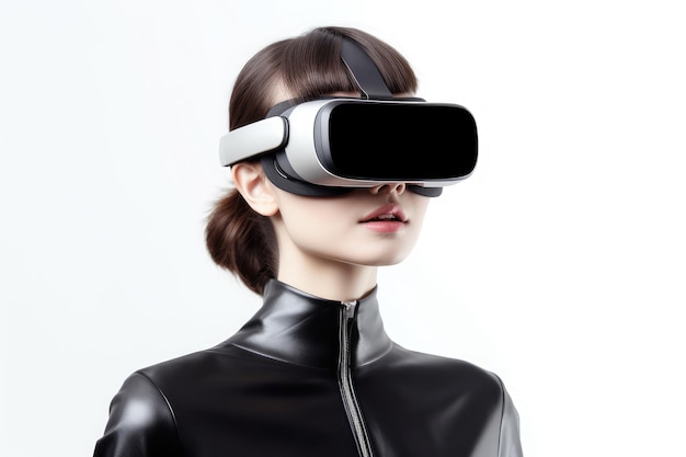 Mujer joven con gafas de realidad virtual en abrigo negro aislada sobre fondo blanco