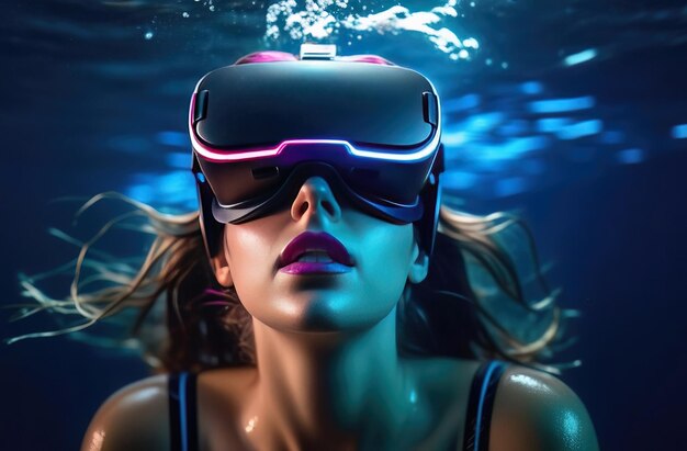 Mujer joven con gafas de realidad virtual bajo el agua Concepto de buceo en el Metaverso