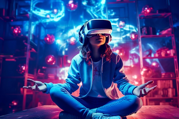 Una mujer joven con gafas de realidad virtual El concepto de tecnología del futuro