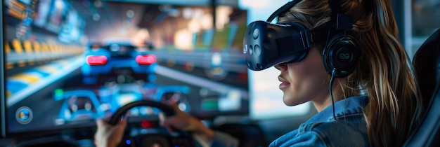 Una mujer joven con gafas de realidad virtual conduce un coche en un juego de realidad virtual con una gran pantalla y controles de volante en casa